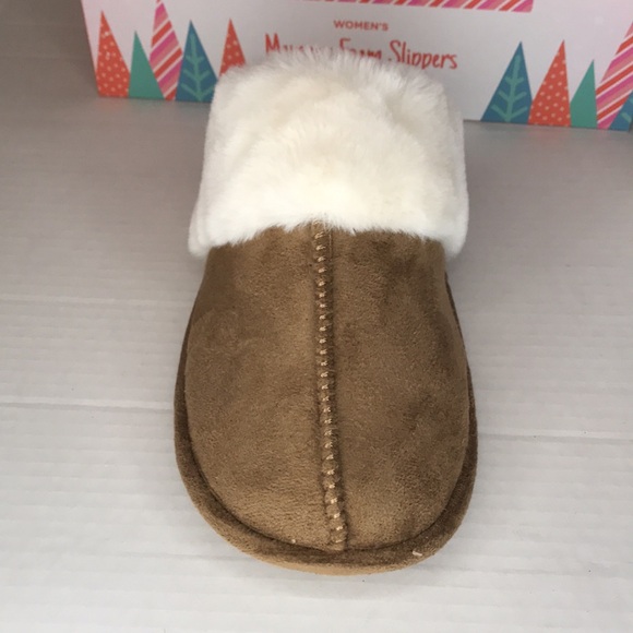 NIB TOTES TOASTIES SLIP ON SLIPPERS FAUX FUR TAN WOMENS XL 9-10 MEMORY FOAM - Picture 2 of 8